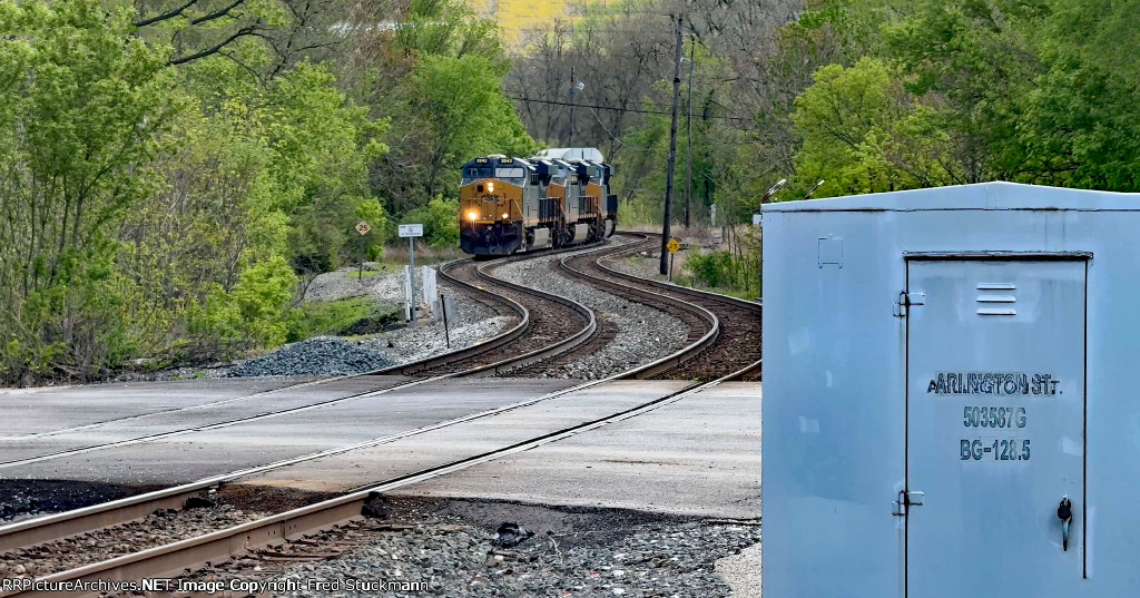 CSX 3243 leads a short rack train.